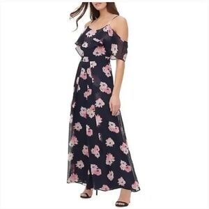 TOMMY HILFIGER Navy Blue Blush Floral Chiffon Spaghetti Strap Wide Leg Jumpsuit